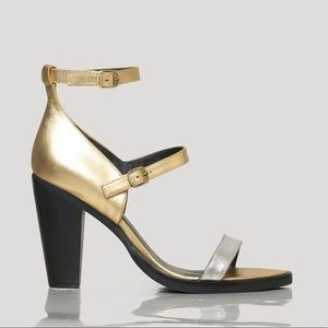 Rachel Comey silver and gold metallic block heels strappy sandals 9 ankle straps